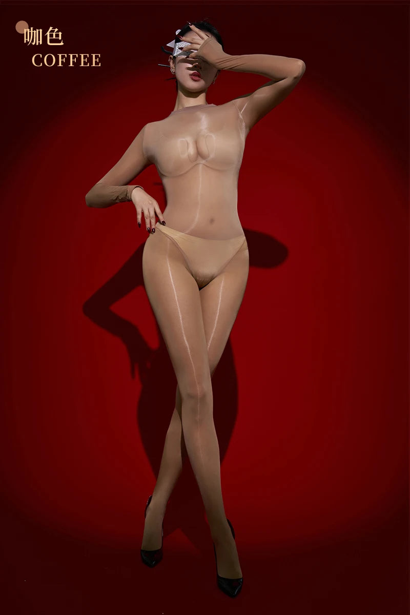 Sexy Cosplay Maid Tights Oil Glossy Elastic Bodysuit Sheer See Through Rompers One-Piece Thong Jumpsuits Leotard Candy Color