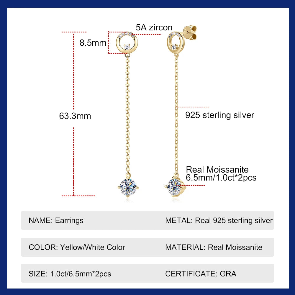 Sweetrain 1CT Moissanite Drop Earrings S925 Sterling Silver Long Tassel Dangle Earring for Women Wedding Jewelry Gifts with GRA