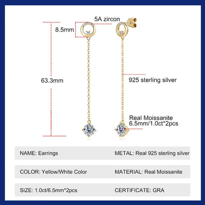 Sweetrain 1CT Moissanite Drop Earrings S925 Sterling Silver Long Tassel Dangle Earring for Women Wedding Jewelry Gifts with GRA
