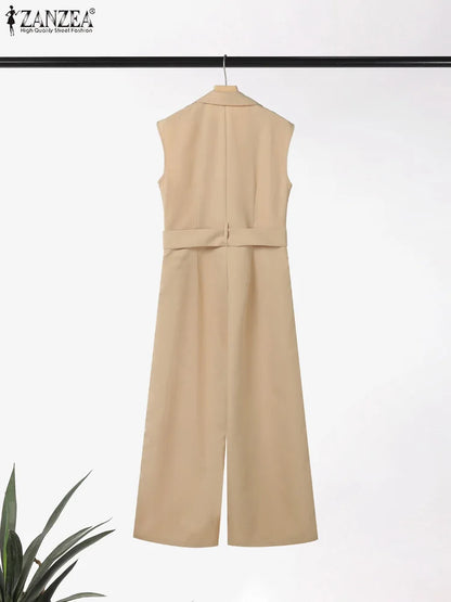 Stylish Office OL Overalls Pant ZANZEA Fashion Women Jumpsuits Summer Lapel Sleeveless Rompers Solid Loose Wide Leg Trouser 2025