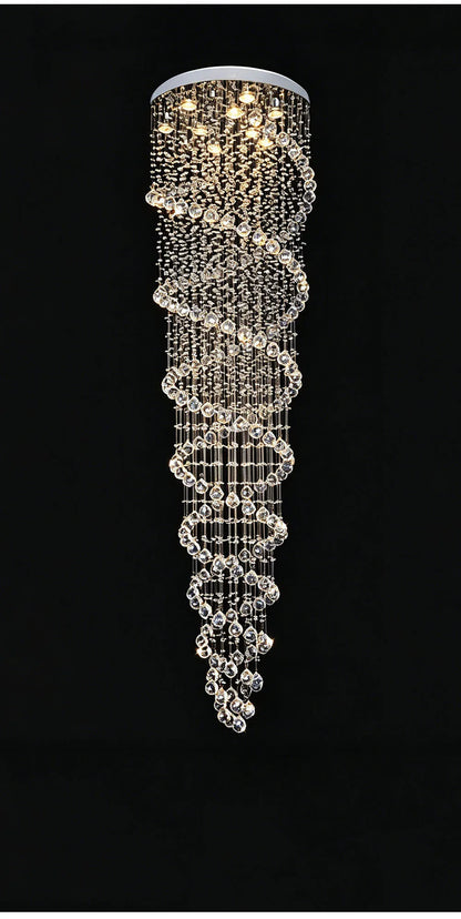 Modern Luxury Spiral Crystal Ceiling Fixture Long Cascading Crystal Design for Duplex Stairwell High Ceiling Home Lighting