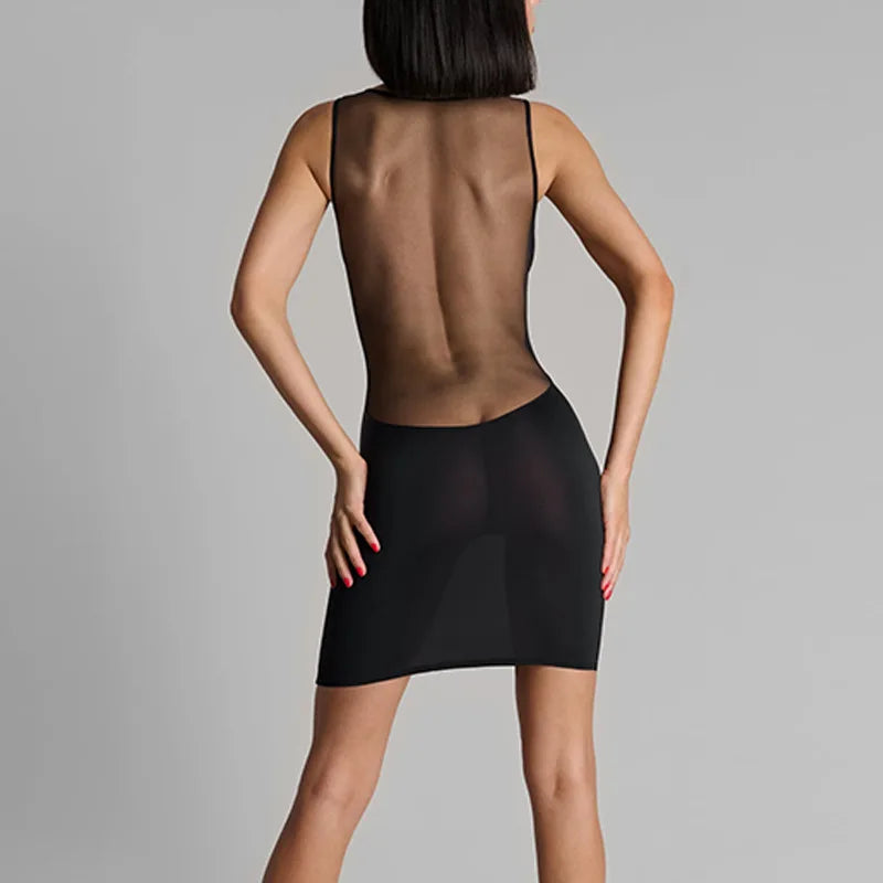 Y2K E-Girl Mesh Panel Plunge V Neck Bodycon Mini Dress Women Black Sleeveless Clubwear