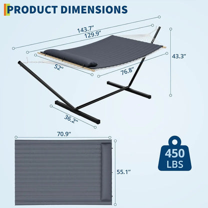 Double Cotton Hammock with Stand, Hammock with Adjustable Steel Frame | Portable Freestand Hammock Set Includes Carry Bag, Padded Polyester Pad & Pillow, 450 lb Capacity for Garden/Backyard/Travel