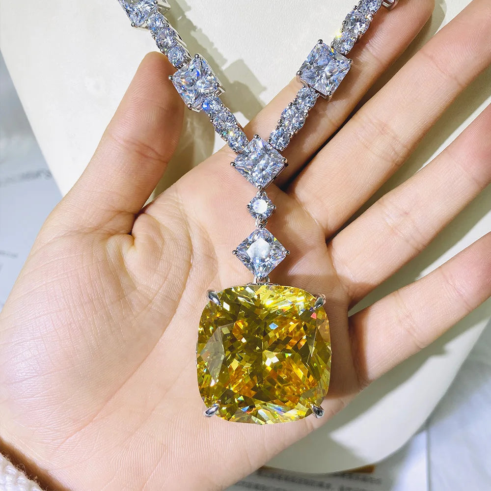 Wong Rain 100% 925 Sterling Silver 30*30 MM Created Moissanite Citrine Gemstone Wedding Cocktail Pendent Necklace Fine Jewelry