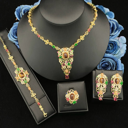 Falair Women's Luxury Zircon Simulated Jewelry Set Gilded Copper Bracelet Ring Necklace Earrings Daily Elegant Jewelry