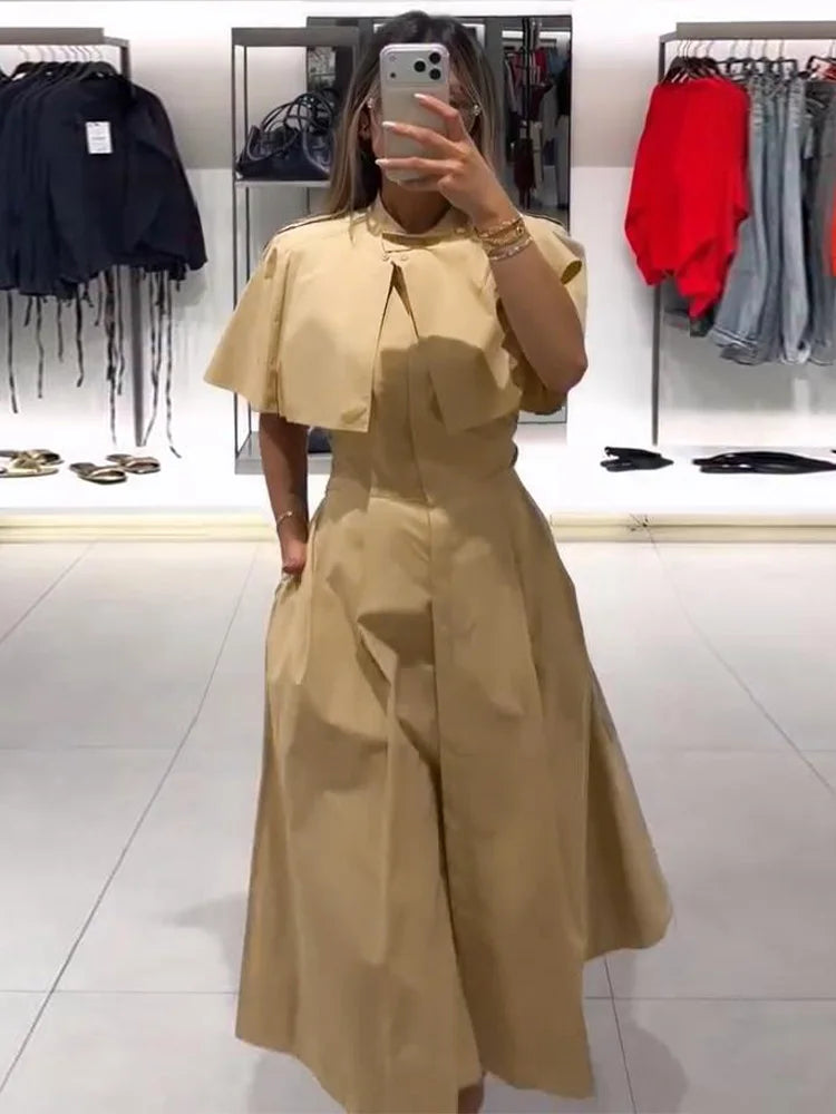 Women's Trench Style Midi Dress Stand Collar Cape Overlay Short Sleeve Belted Waist A‑Line Dresses Autumn Elegant Office Outfits