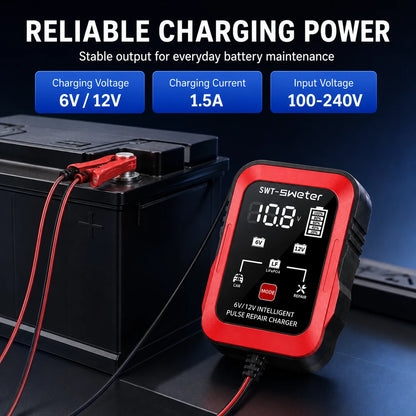 ZNLYRION 2Pcs /pair 6V 12V Smart Car Battery Charger 1.5A Pulse Repair Charger for Lead Acid LiFePO4 Battery Digital Display Auto Motorcycle Battery Maintainer with Alligator Clips Ring Terminal Cables