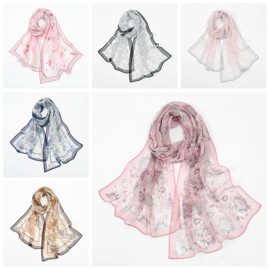 New Elegant Design Chiffon Scarf Print Pattern Classic Style Shawl Wrap Breathable Lightweight Sun Protection Scarf Women Wear