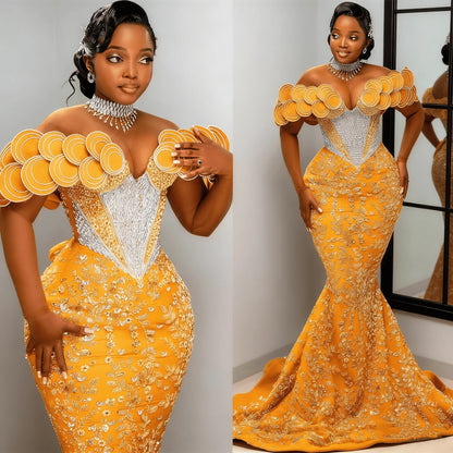 Luxury Mermaid Evening Dress 3D Round Shoulder Detail Crystal African Women's Wedding Beaded Corset Ball Dress Customization