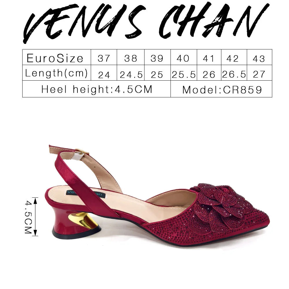 Italian Design Evening Shoes And Bags Paired With Handmade Petal Gold Colour Pointed Toe Mid-Heel Shoes For Women Party Shoes