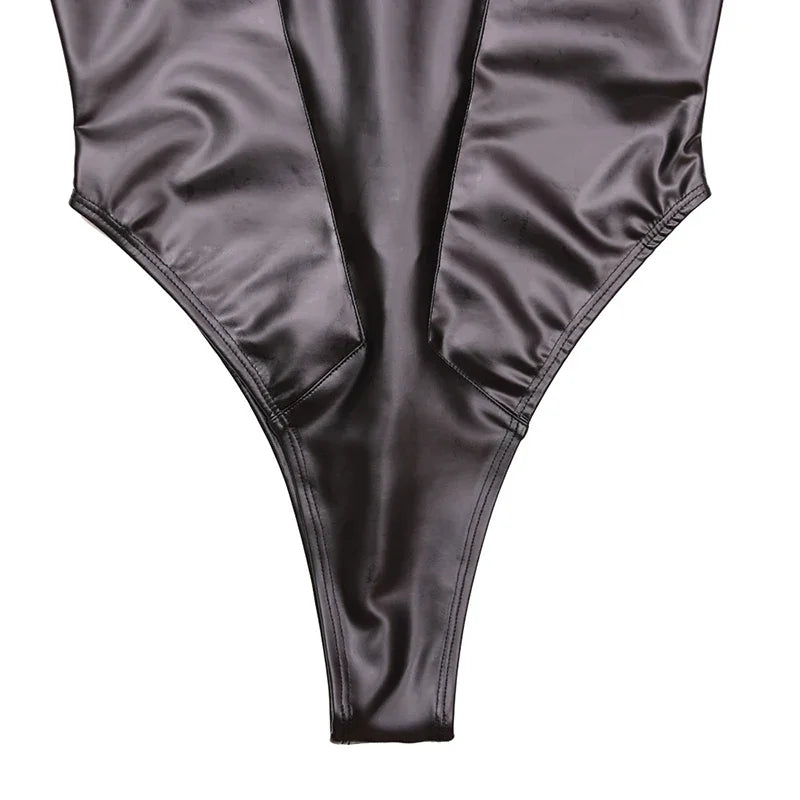 Women Sexy PU Leather Bodysuits Sleeveless Mesh Stitching Faux Latex Bodycon Jumpsuits Ladies Nightclub Cosplay Rompers Custom