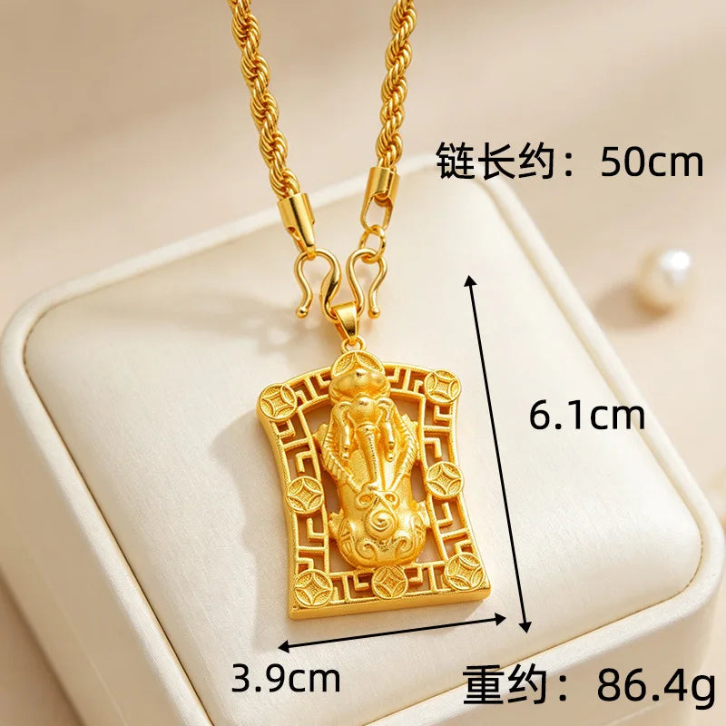 Business Simple Gold Swallowing Beast Square Pendant For Men And Women 24K Gold AU999, Calm Office Couple Accessory