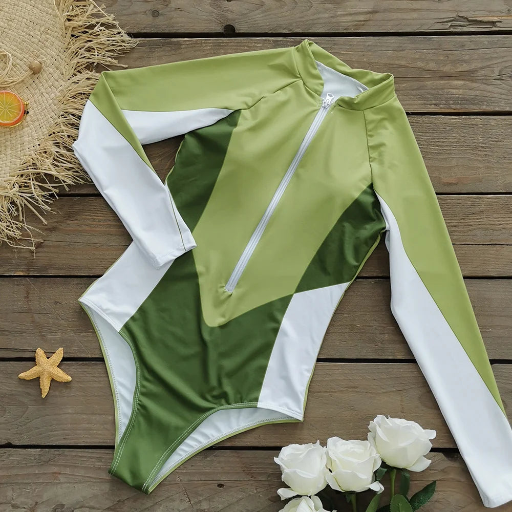 2026 Surfing Sport Swimsuit Long Sleeves Women One Piece Swimsuit  Swimwear Solid Monokini Bathing Suit Tropical Bodysuit Female
