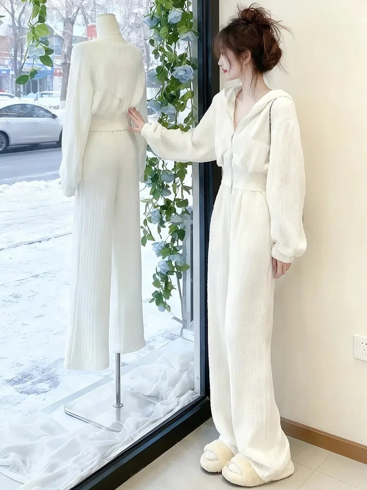 Spring Autumn New Hoodie Wide Leg Pants Two Piece Set Loose Slimming Casual Fashion Women's Trendy Outfit Korean Style