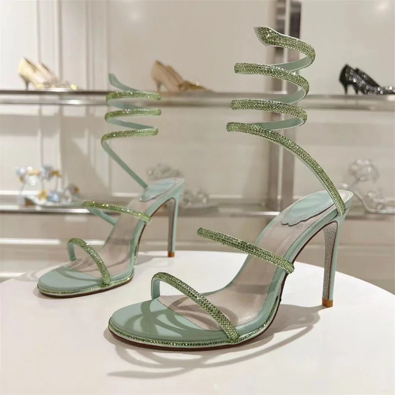 Summer Crystal Gladiator Sandals Women Rhinestone Twine Around Ankle Snake Wedding Shoes High Heels Sandals Woman
