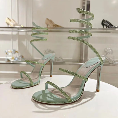 Summer Crystal Gladiator Sandals Women Rhinestone Twine Around Ankle Snake Wedding Shoes High Heels Sandals Woman