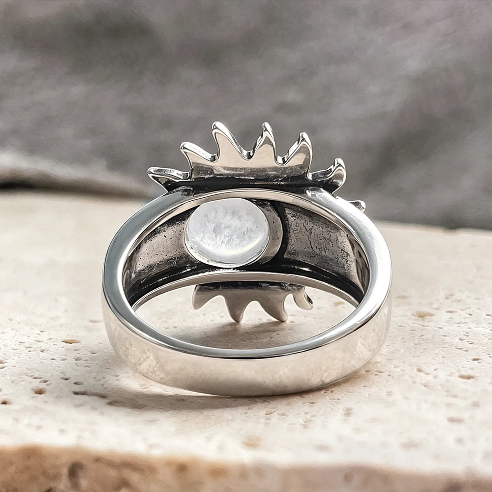 925 Sterling Silver Natural Moonstone Ring 8MM Bohemian Star Sun Moon Shape Ring Gothic Punk Style Party Gift for Women Men