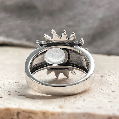 925 Sterling Silver Natural Moonstone Ring 8MM Bohemian Star Sun Moon Shape Ring Gothic Punk Style Party Gift for Women Men