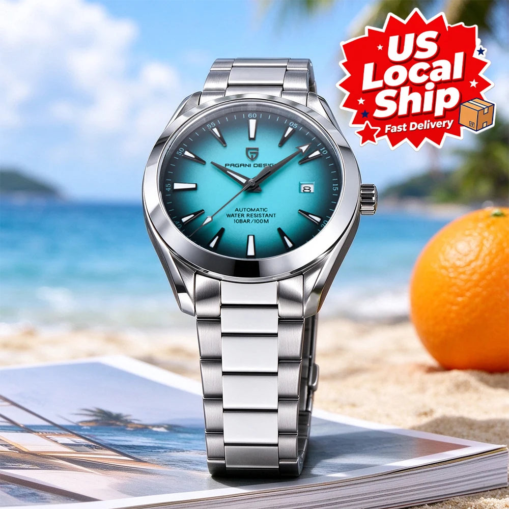PAGANI DESIGN Men Automatic MechanicalWatch Stainless Steel Bracelet 100M Waterproof Luminous Date Business Dress Wristwatch+Box