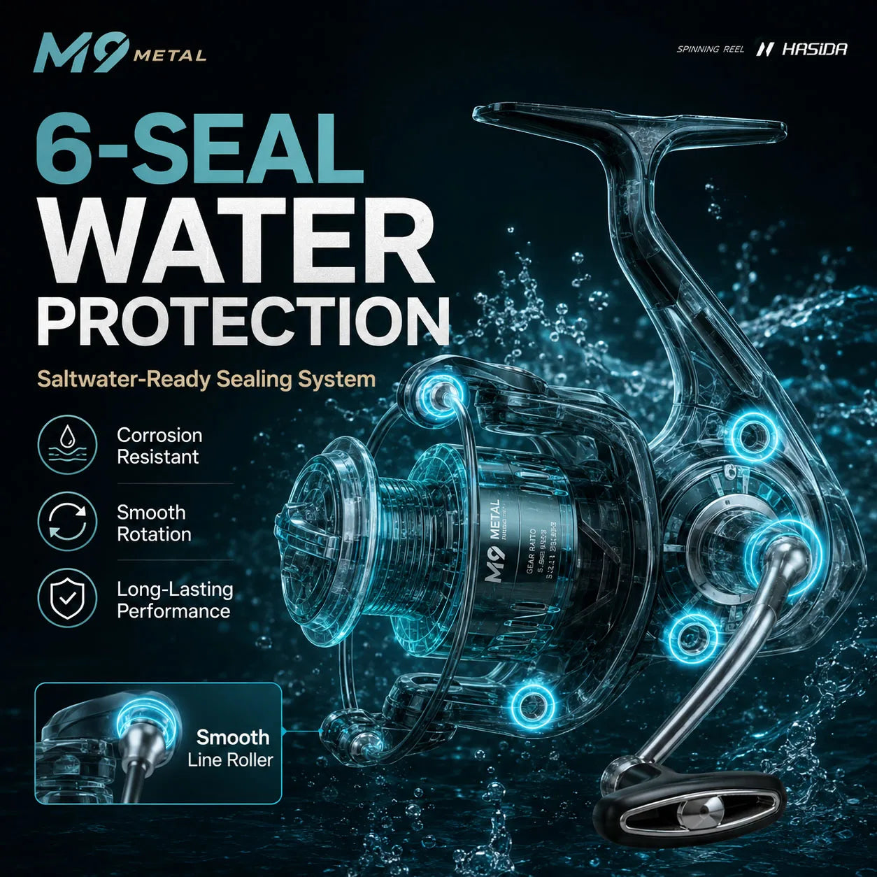 HASIDA M9 Full Metal Sea Spinning Reel 12kg Max Drag Slow Descent Dense 6 Sets Waterproof System Professional for Saltwater