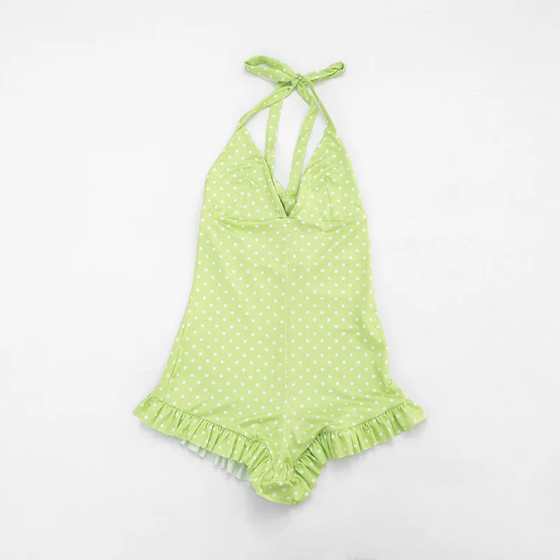 Polka Dot Print Playsuits Women Summer Bandage Halter Ruched Outfits Slim Backless Sleeveless V Neck Rompers Vacation Beach Gift