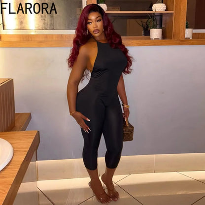 FLARORA Sexy Halter Backless Skinny Jumpsuits Woman Solid Color Slim Fit Capri Jumpsuit Hottie Midnight Street Clubwear Overalls