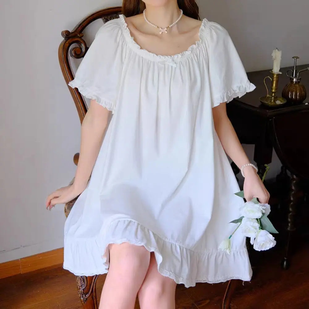 Casual Bowknot Women's Pajama Dress Short Sleeve Loose Ruffle Nightdress Home Wear Sleepwear Princess Nightgown Female