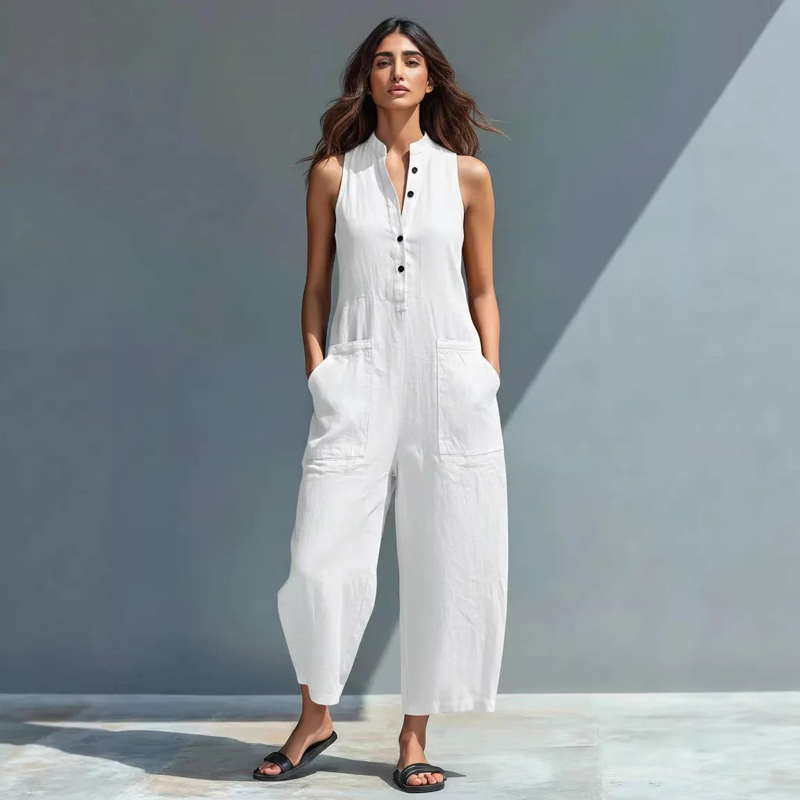 Cotton And Linen Jumpsuit Women Stand Collar Sleeveless Pocket High Waist Wide Legs Jumpsuits Casual Commuting Ladies Bodysuits