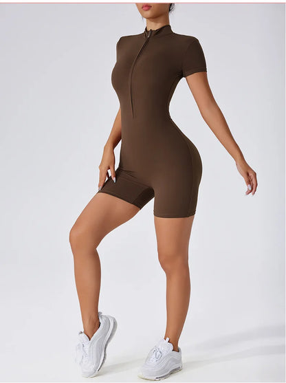 Zipper Dance Gym Jumpsuit Short Sleeve Playsuit Women Romper Sexy Yoga Fitness Overalls One Piece Sports Suit Workout Clothes