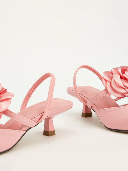 INSIGHTLINK Pink Women's Pointy Toe Kitten Heels Slingback Pumps Elegant Satin Sandal Rose Flower Office Shoes Luxury Stilettos