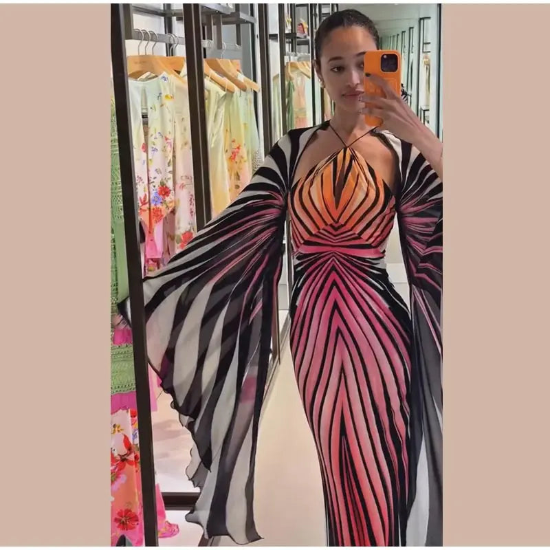 Chic Gradient Stripe Halter Dress Women Butterfly Sleeve Backless Slim Floor-length Dresses 2026 New Lady Party Evening Gown ﻿