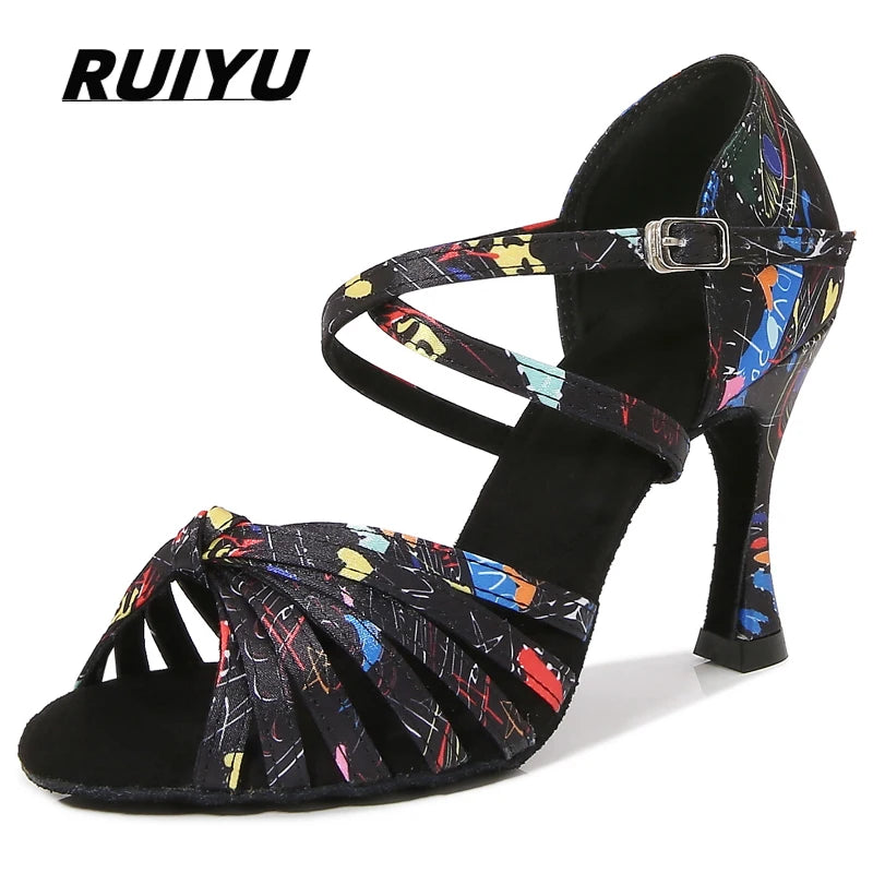 Latin Dance Shoes Women's Flower Satin Salsa Tango Ballroom Party High Heel Women's Shoes Summer Dance Sneakers Outdoor Sandals