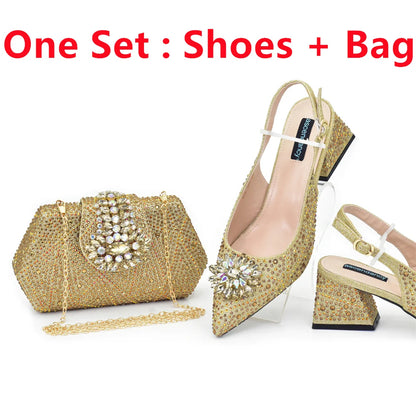New Fashion Italian Design Rhinestone Pointed-Toe High Heel Shoes & Matching Bag Set Shoe and Bag Set for Nigeria Party Italy