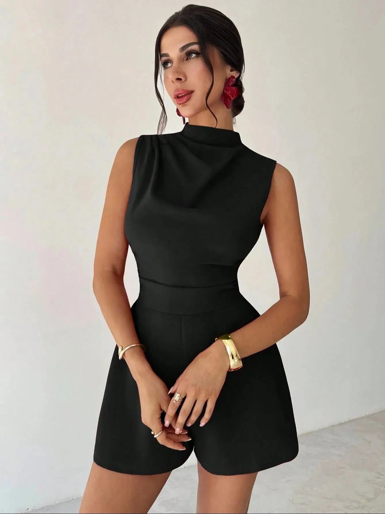 Women's Black Sleeveless Mock Neck Jumpsuit, Waist-Tie Slimming Wide Leg Shorts, Elegant Socialite Style Romper