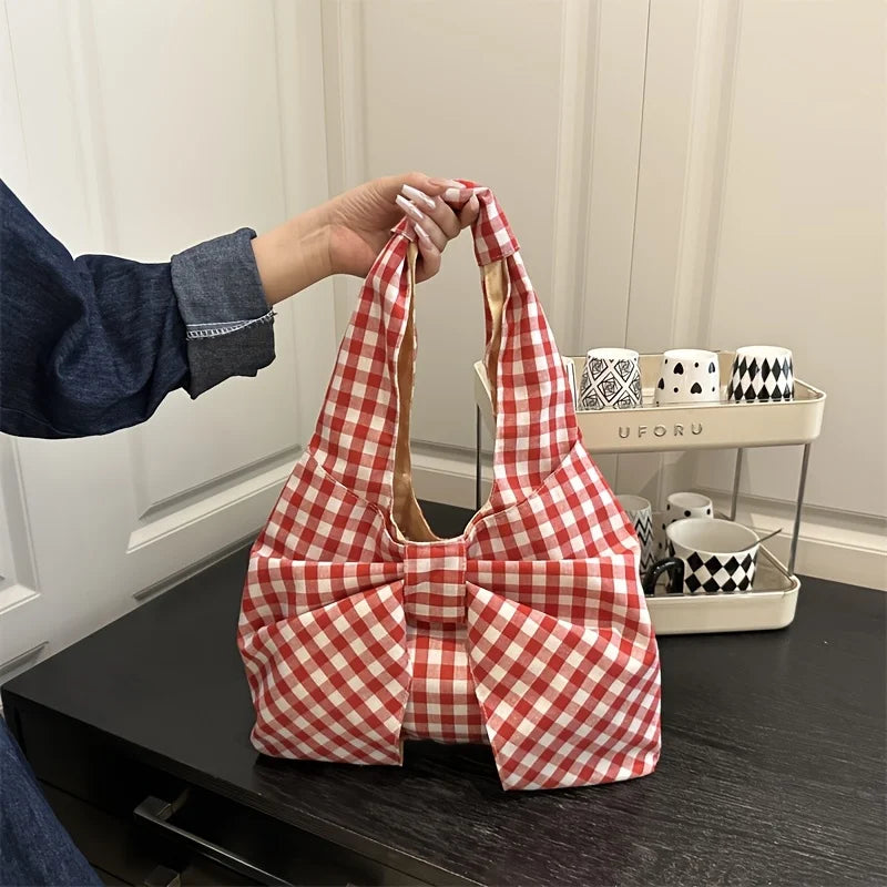 Women Red White/ Blue White Gingham Plaid Tote Bag with Big Bow Decor, Large Capacity Soft Canvas Shoulder Handbag, Casual Shopping Bag for Picnic Travel Daily Commute
