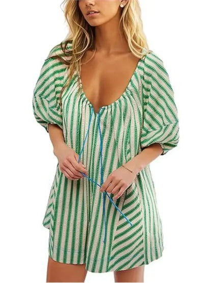fall Beach Vacation Rompers Short-sleeve Striped Jumpsuit Slim Casual Loose Deep V Wide-leg Short Jumpsuit For Women Clothing