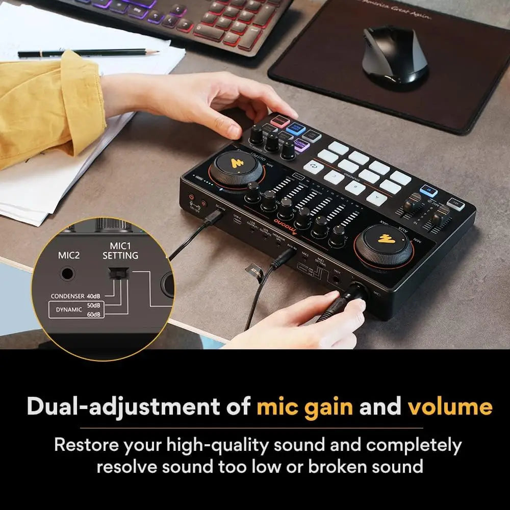 MAONO AME2 Audio Interface Mixer Podcast Studio Console with XLR Input 48V Phantom Power for PC Podcast Recording Live Streaming