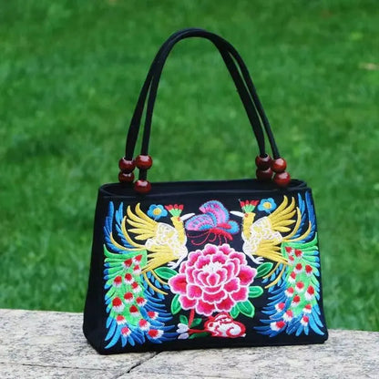Stylish Floral Embroidered Handbag, Trendy Zipper Canvas Bag, Women's Fashion Purses
