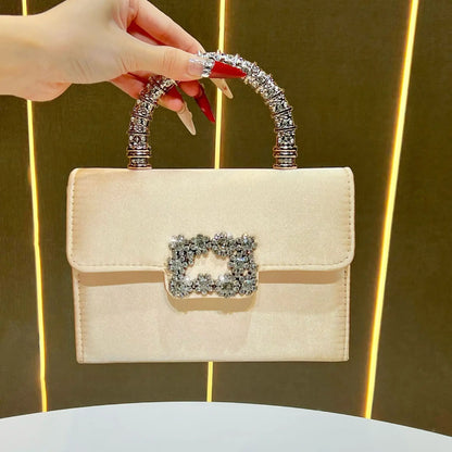 Rhinestone Faux Silk Emerald Evening Bag Silver Diamond Buckle Handle Fashion Handbags Elegant Ladies Square Bolsa Feminina