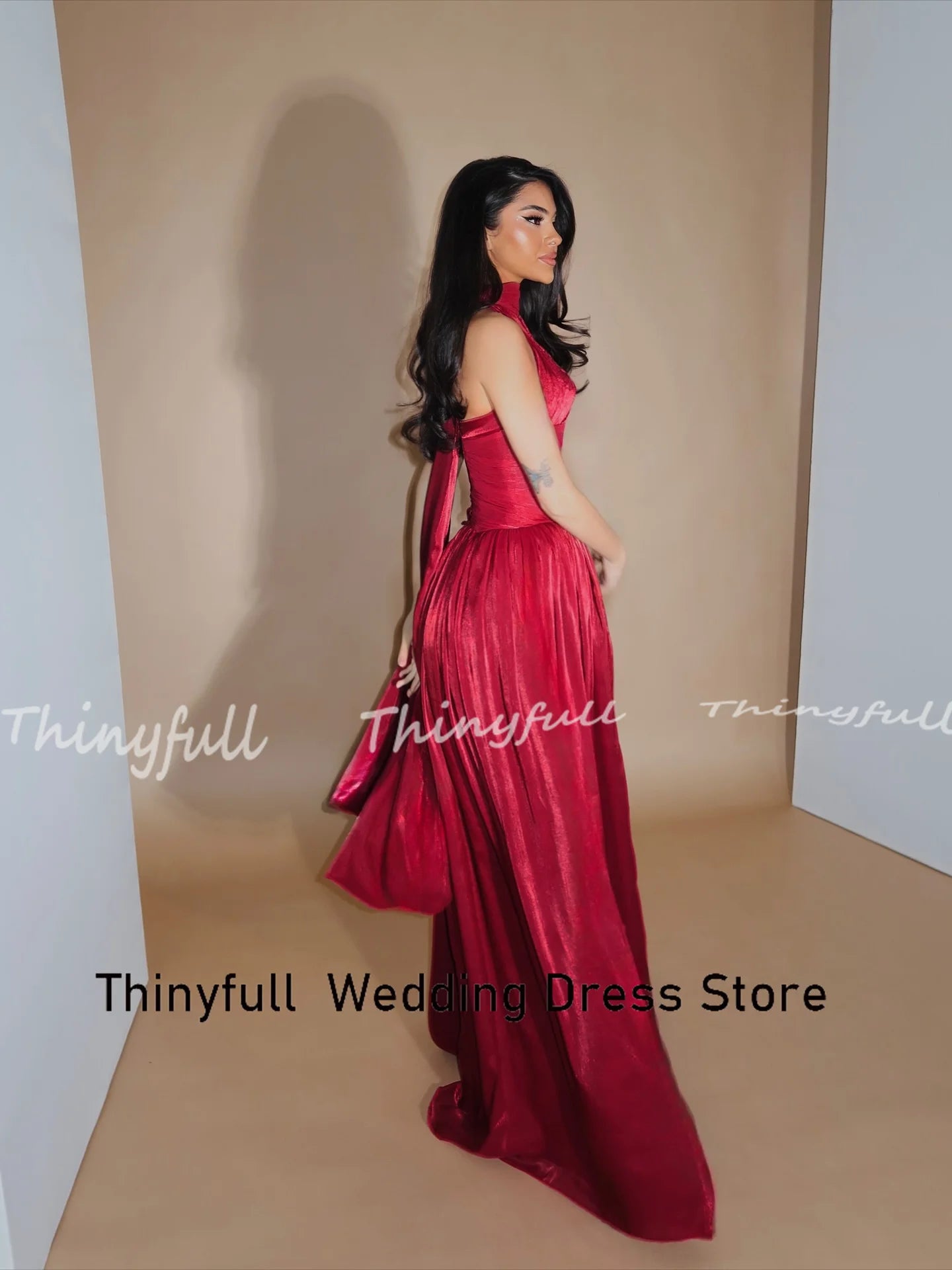 Thinyfull A-line Arab Long Prom Dress Halter Sleeveless Shiny Satin Evening Party Dresses Dubai Dress Robe De Soirée Customized
