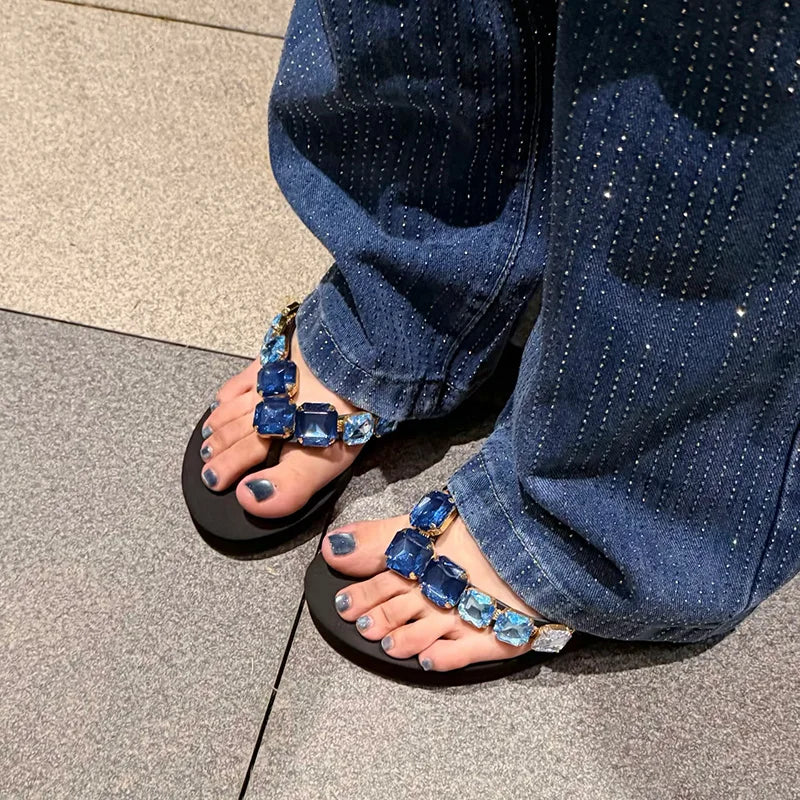 Square Rhinestone Flip-Flops Popular in Ins Summer Blingbling Star Street Shooting Slope Heel Slippers Women Flat Beach Slippers