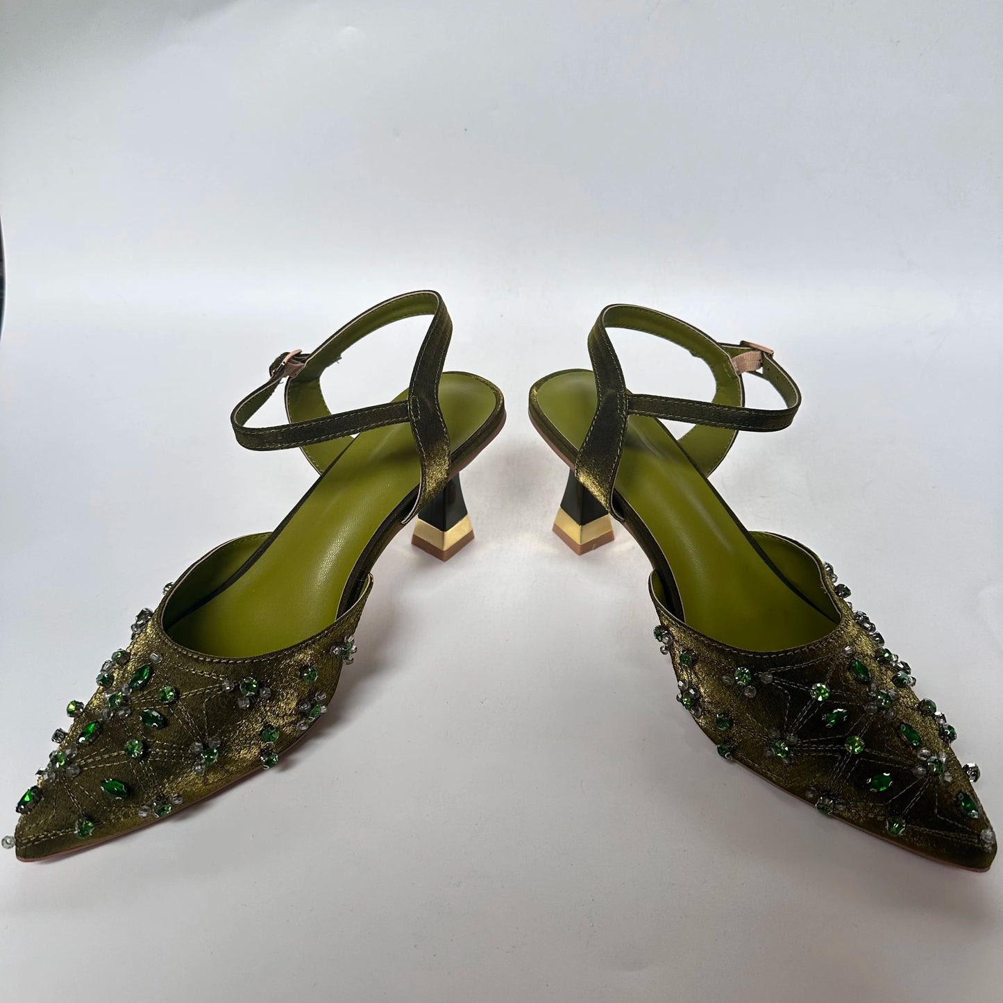 Insightlink Luxury Olive Green Rhinestone High Heel Shoes & Matching Clutch Bag Set – Elegant Pointed Toe Block Heel Sandals