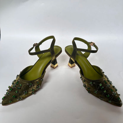 Insightlink Luxury Olive Green Rhinestone High Heel Shoes & Matching Clutch Bag Set – Elegant Pointed Toe Block Heel Sandals