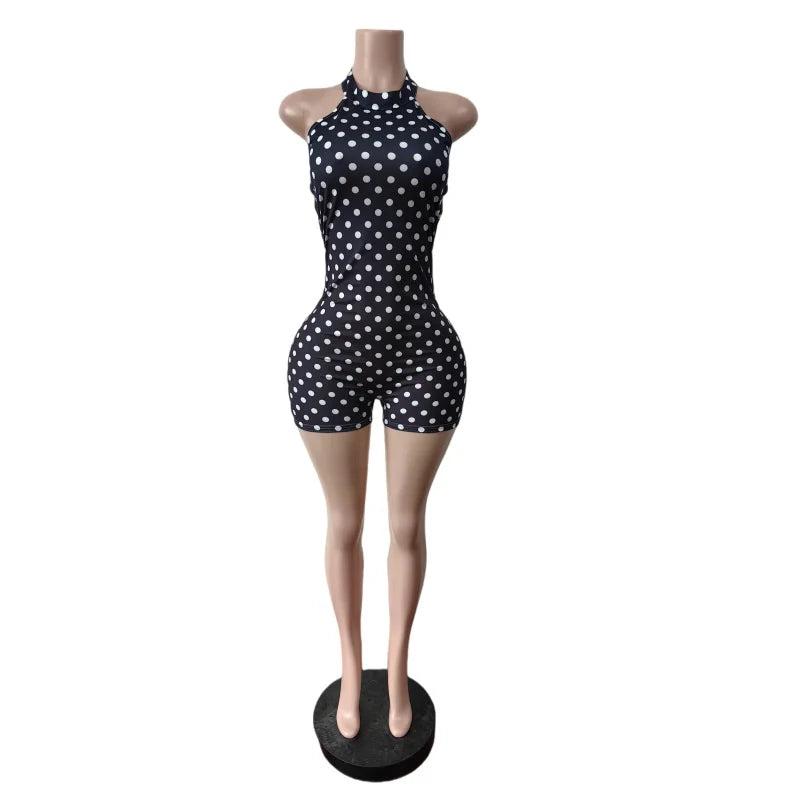 Polka Dot Retro Playsuit for Women Rompers Y2K Club Party Halter V-neck Backless Skinny One Pieces Jumpsuit Combishort Femme