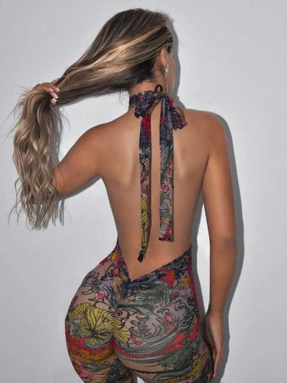 Kliou Colorful Print Playsuits Woman Bandage Halter Backless Skinny Peach Hip Female Midnight Club Party Sexy Fashion Rompers