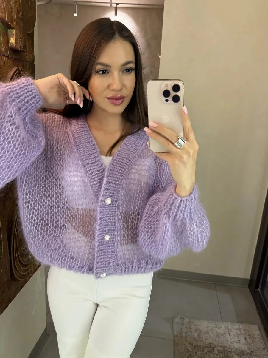 Women Knitting Cardigan 2026 New Women Mohair Knit Cardigan Hollow Out Sheer Long Sleeve Casual Knitted Outerwear Sweater