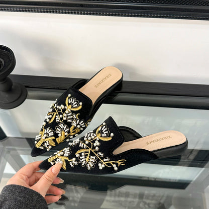 Embroidery Women Mules Slippers Luxury Elegant Pointed Toe Slides Shoes Ladies Sandalias Pointed Bead Embroidery Roman Style
