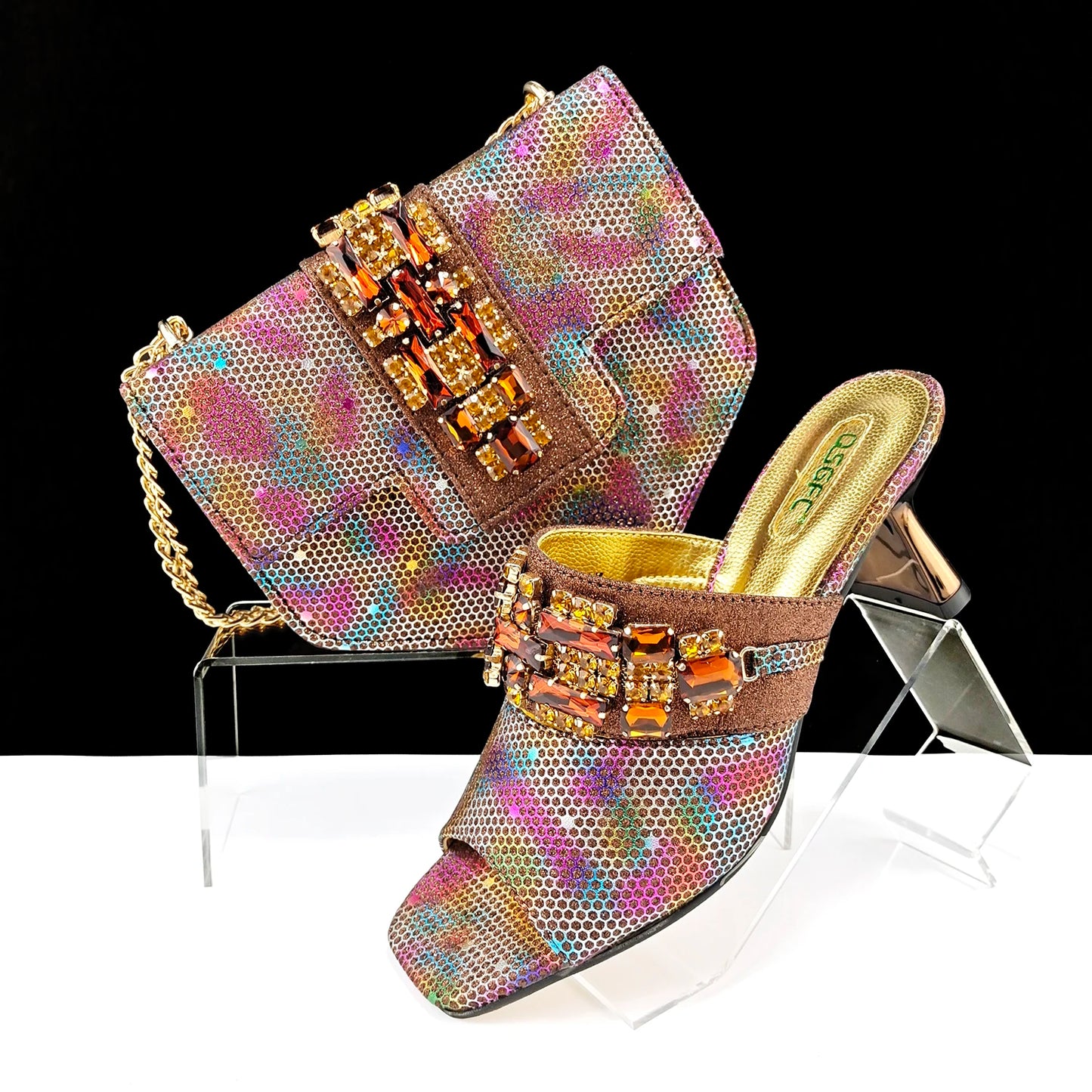 New Arrival Mature Style Colorful Rhinestone Metal Design Strange High Heel Style Peep Toe Shoes and Bag Set for Party Wedding