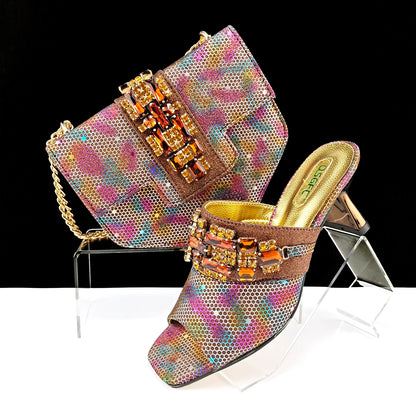 New Arrival Mature Style Colorful Rhinestone Metal Design Strange High Heel Style Peep Toe Shoes and Bag Set for Party Wedding