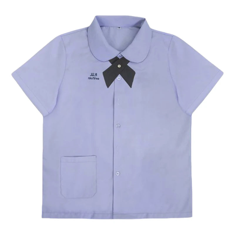 Men/Women JK Uniform Thai Style School Uniforms Short Sleeve White Shirt/Light Purple Shirt Preppy Style Pleated Skirt w/bow Tie